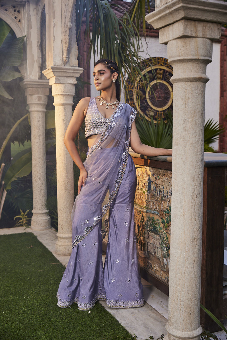Lilac Mirror Embroidered Sharara Pant Sari Set