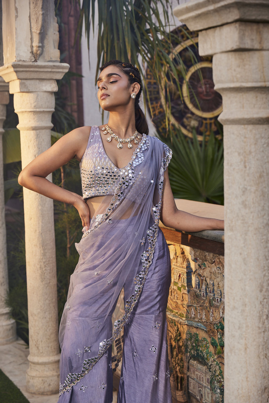 Lilac Mirror Embroidered Sharara Pant Sari Set
