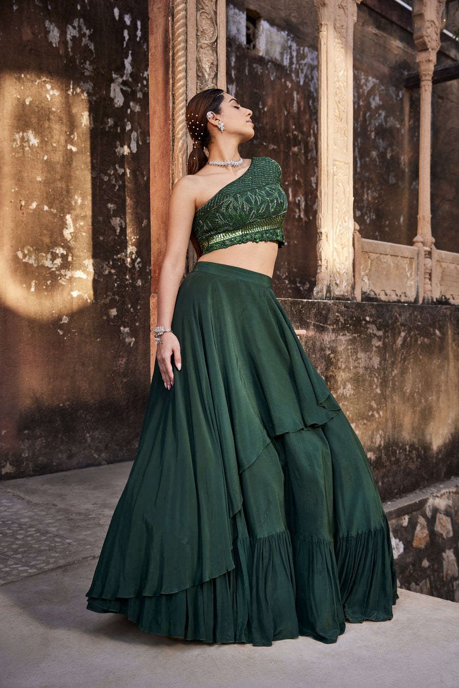 Green One Shoulder Top And Skirt