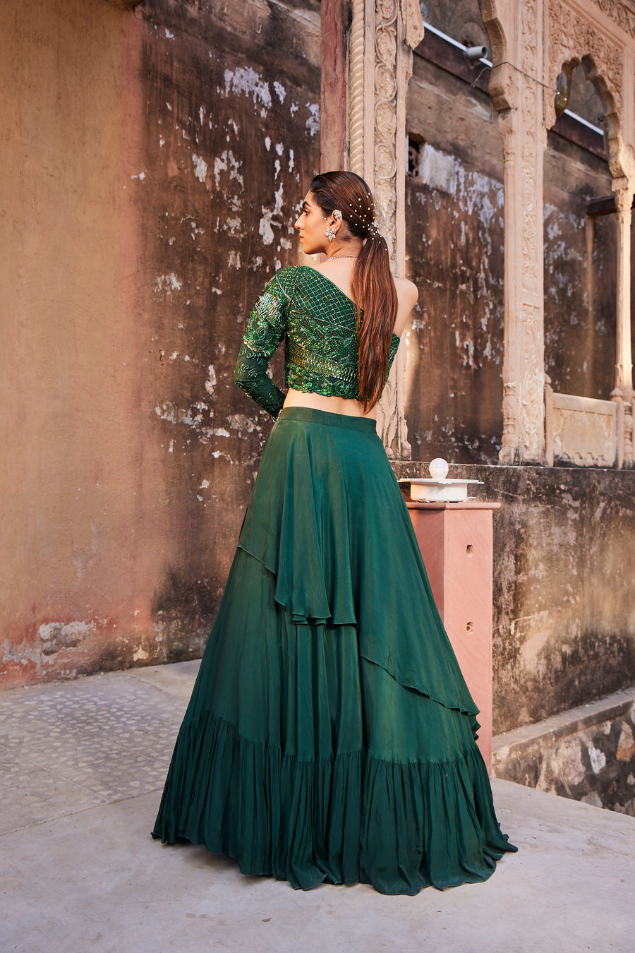Green One Shoulder Top And Skirt