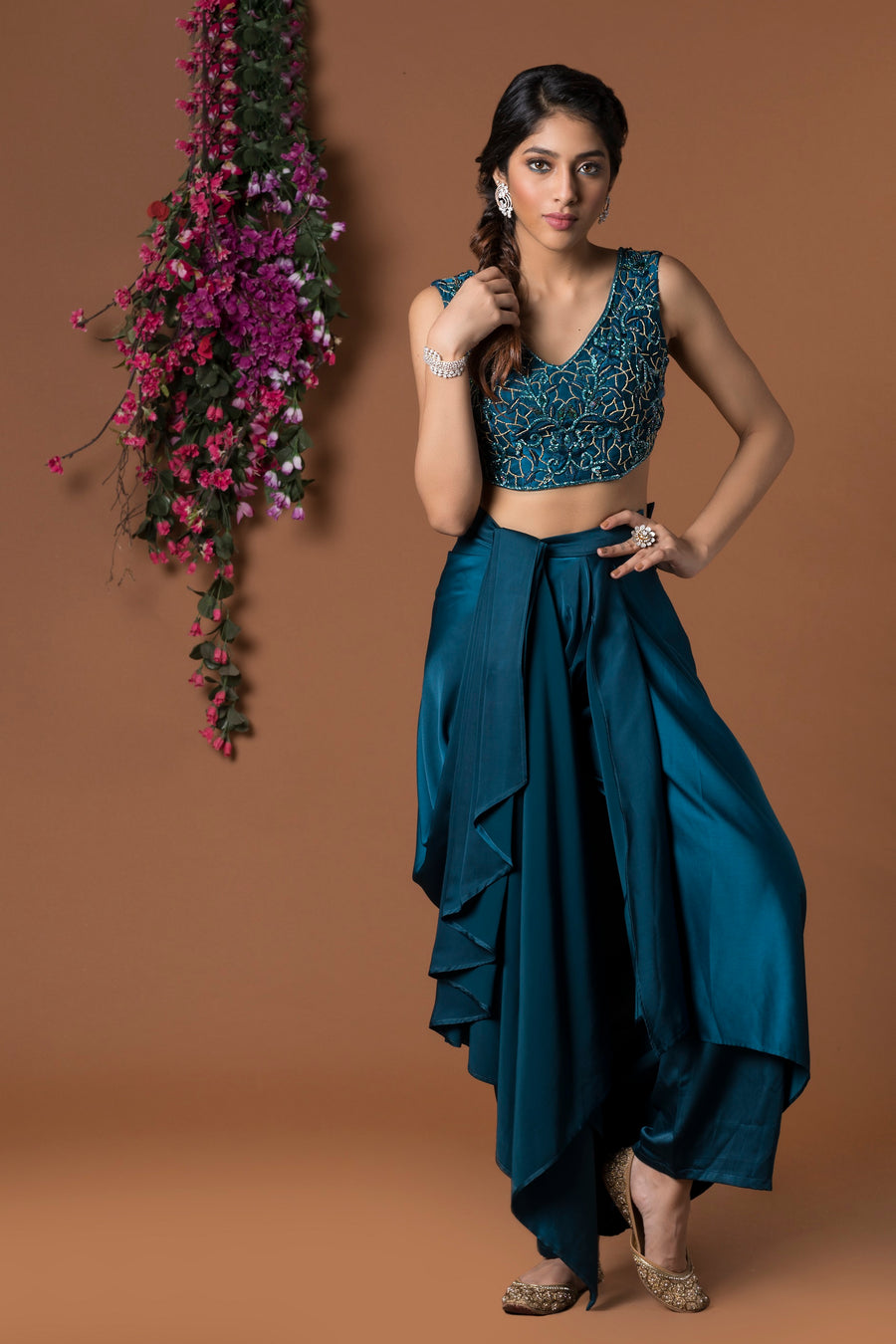 Buy Arrow Print Crop Top with Dhoti Pants and Attached Saree Drape by PAYAL  SINGHAL at Ogaan Online Shopping Site