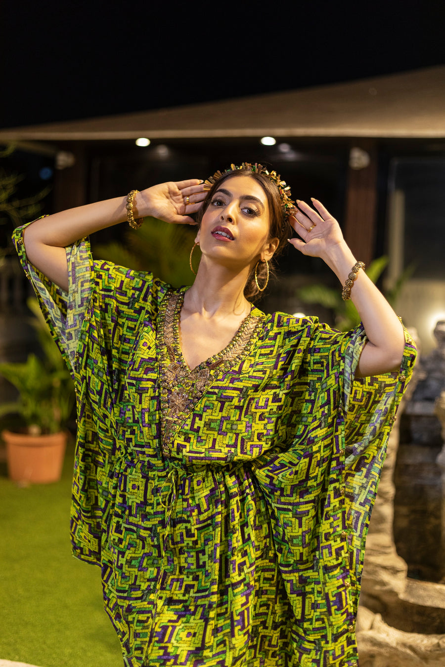 Green Embroidered Kaftan Top With Sharara Pants