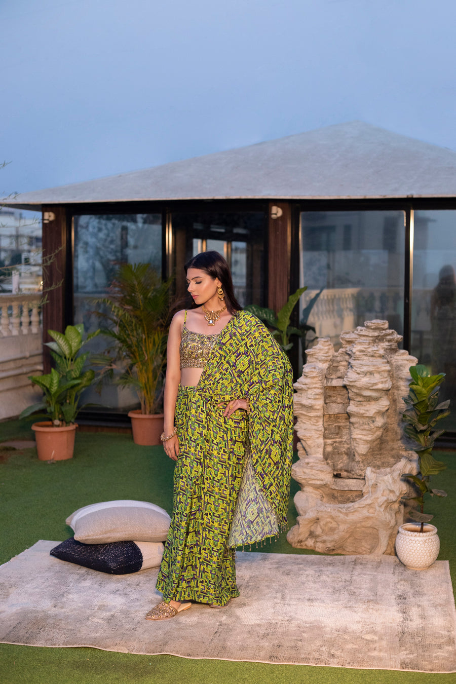 Green Embroidered Choli With Draped Sari