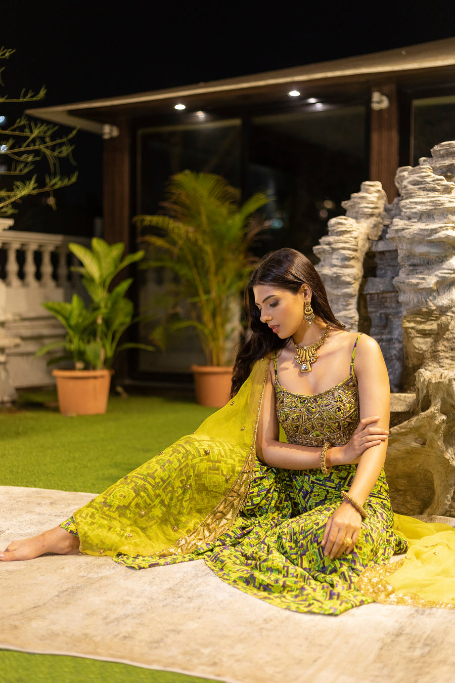 Green Embroidered Choli And Sharara With Cape