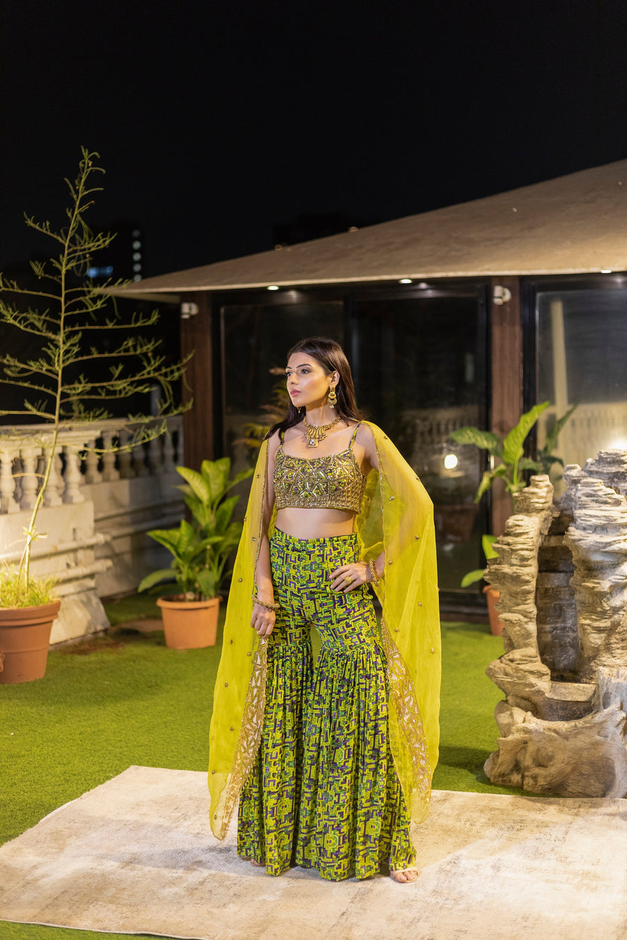 Green Embroidered Choli And Sharara With Cape