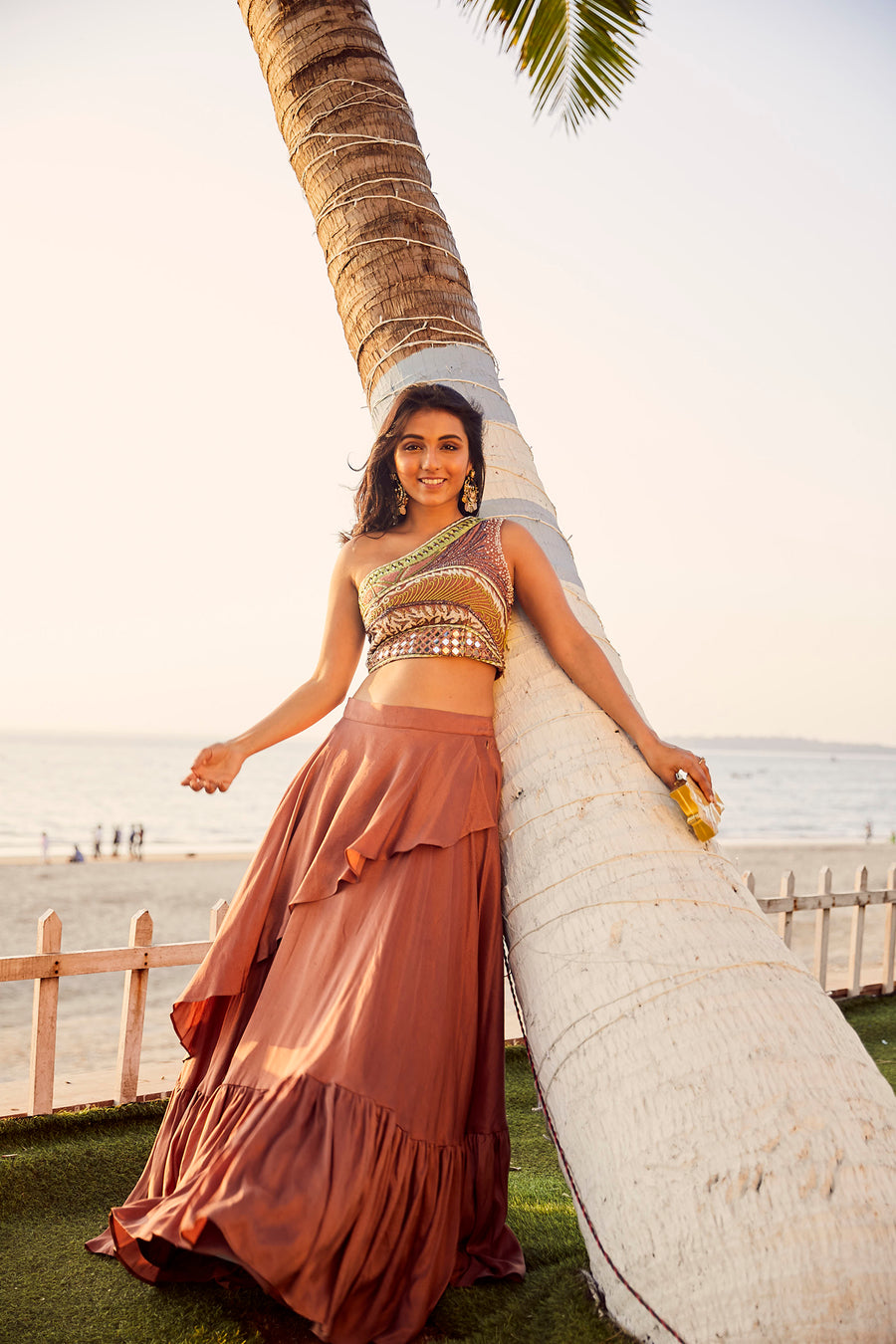 Ochre Lehenga With Embroidered One-Shouldered Crop Top Set