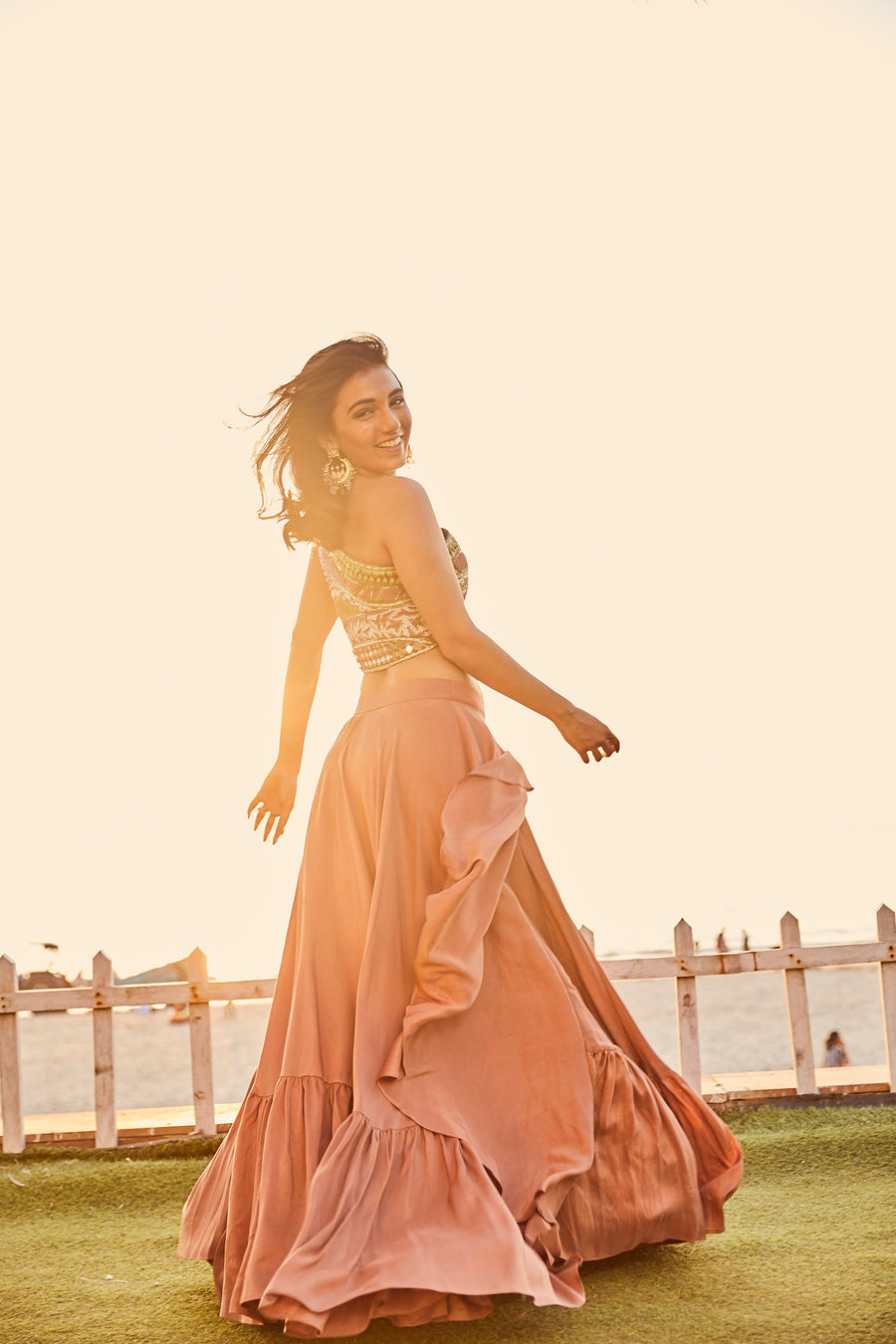 Ochre Lehenga With Embroidered One-Shouldered Crop Top Set
