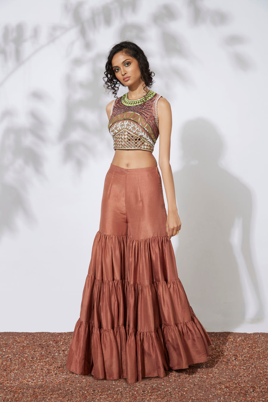 Crop Top with Attached Dupatta and Sharara Pants  Agashe